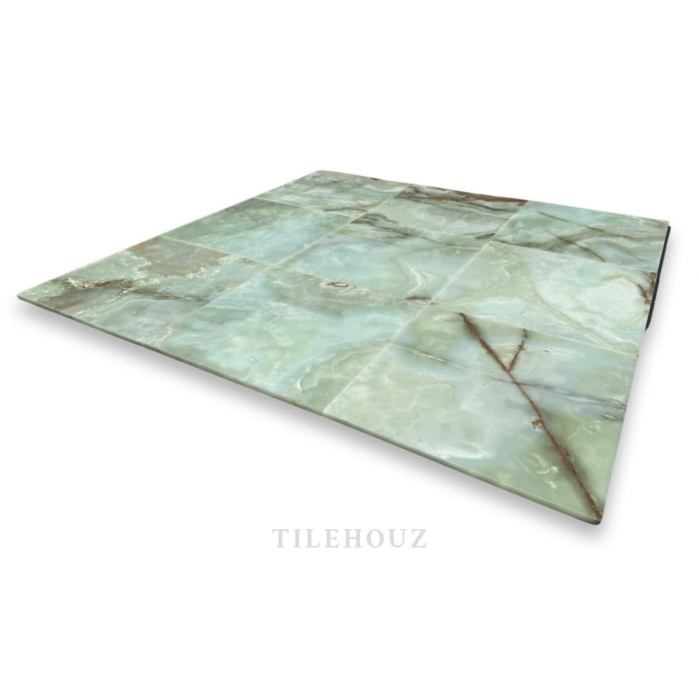 Tilehouz Green Onyx 12x12 polished stone wall tile with brown veining