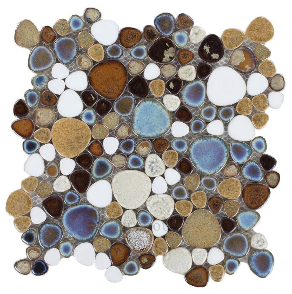 Growing Mango porcelain pebble mosaic tile, 11.5x11.5 in, multicolor blues and browns by Tilehouz