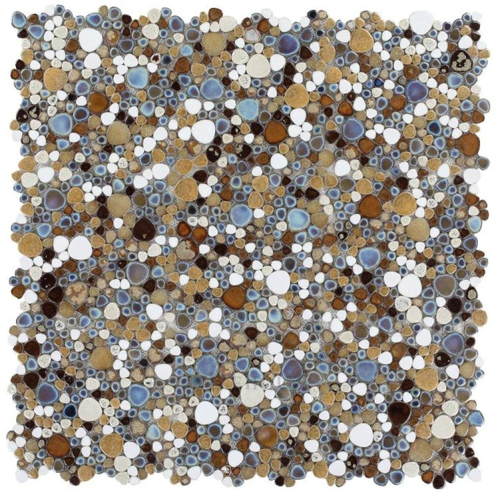 Growing Mango 11.50 x 11.50 porcelain mosaic tile, handmade pebble mosaic in blue, tan, and white