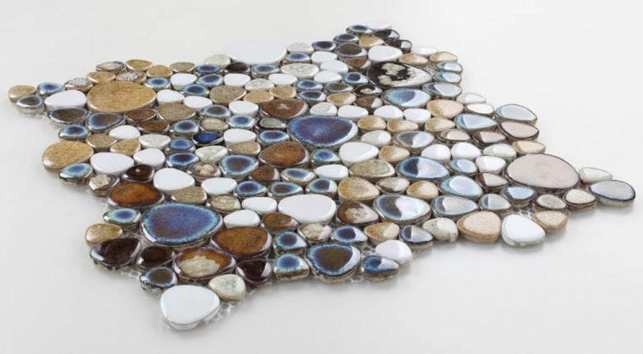 Growing Mango pebble porcelain mosaic tile 11.5x11.5, wall &amp; ceiling tile with assorted blues and browns