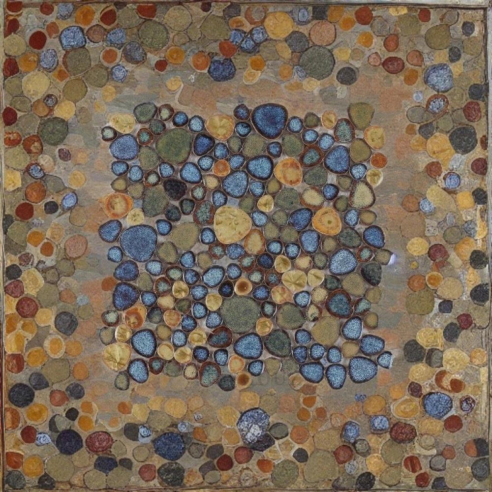 Growing Olive Pebble porcelain mosaic tile, handmade heart-shaped wall tile with blue pebble center, 11.5 in square