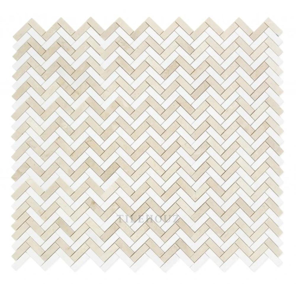 Crema Marfil herringbone marble tile with Thassos accents, 11 x 12.5, Tilehouz