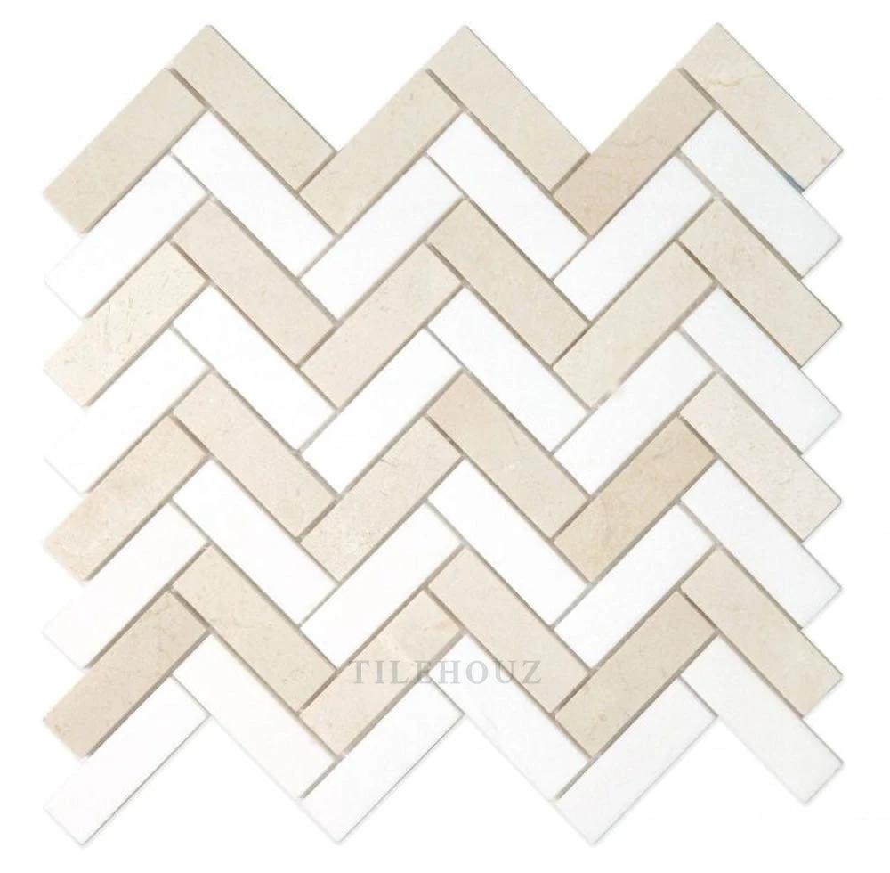 Crema Marfil herringbone marble tile with Thassos, 11x12.5, wall & ceiling tile by Tilehouz