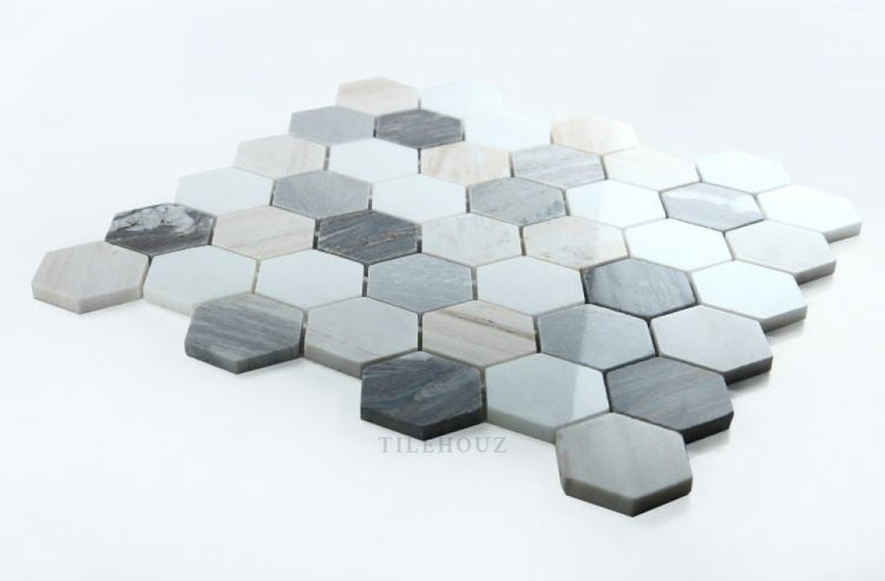 Hexagon Beach 2 X (Thassos & Palissandro Beige Marble) Polished Mosaic
