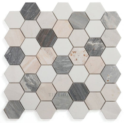 Hexagon Beach 2 X (Thassos & Palissandro Beige Marble) Polished Mosaic