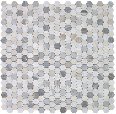 Hexagon Blue 2 X (Carrara & Haisa Palissandro Marble) Polished Mosaic