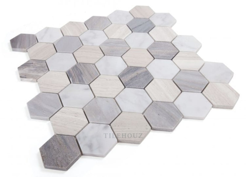 Hexagon Blue 2 X (Carrara & Haisa Palissandro Marble) Polished Mosaic