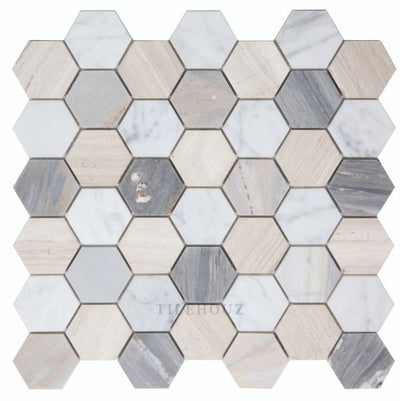 Hexagon Blue 2 X (Carrara & Haisa Palissandro Marble) Polished Mosaic