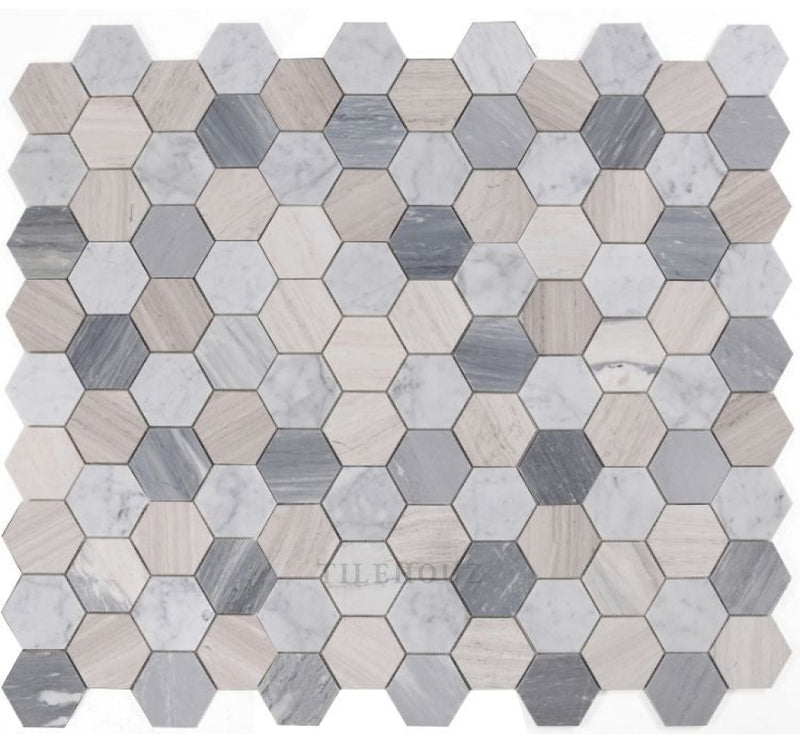 Hexagon Blue Large 4 X (Carrara & Haisa Palissandro Marble) Polished Mosaic