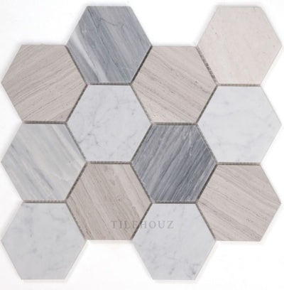 Hexagon Blue Large 4 X (Carrara & Haisa Palissandro Marble) Polished Mosaic