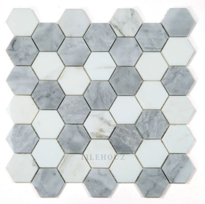 Hexagon City Grey 2 X Carrara & Bardiglio Polished Marble Mosaic