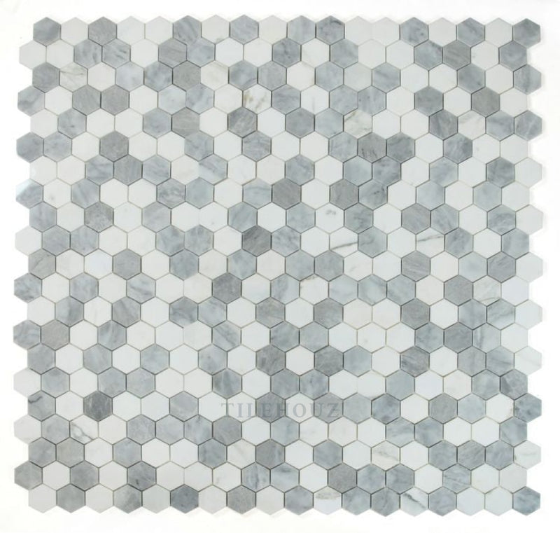 Hexagon City Grey 2 X Carrara & Bardiglio Polished Marble Mosaic