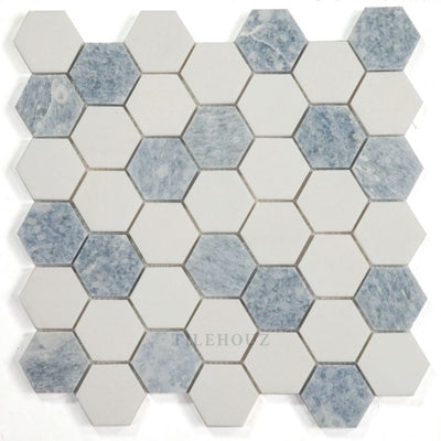 Hexagon Crystal Ocean 2 X Blue & Thassos Marble Polished Mosaic