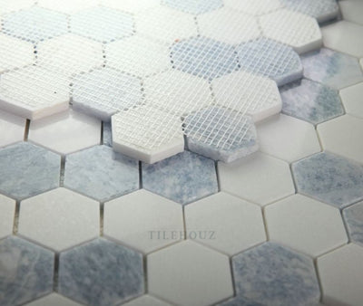 Hexagon Crystal Ocean 2 X Blue & Thassos Marble Polished Mosaic