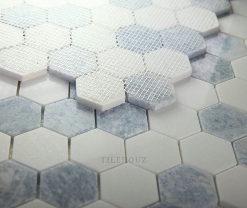 Hexagon Crystal Ocean 2 X Blue & Thassos Marble Polished Mosaic