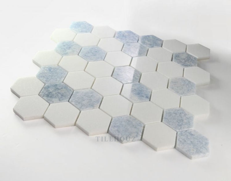 Hexagon Crystal Ocean 2 X Blue & Thassos Marble Polished Mosaic