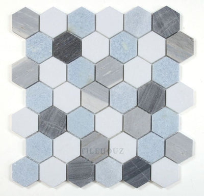 Hexagon Deep Ocean 2 X Grey-Blue-White Marble Polished Mosaic