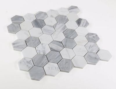 Hexagon Dusk 2 X Carrara & Bardiglio Honed Marble Mosaic