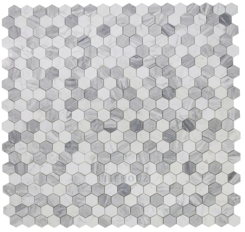 Hexagon Dusk 2 X Carrara & Bardiglio Honed Marble Mosaic