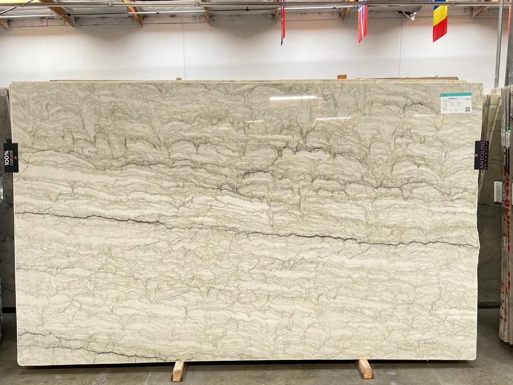 Quartzite Arabesco polished slab Tilehouz, exotic cream countertop with gray veining, 125x76 cm.