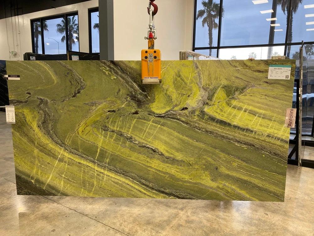 Marble Slab Irish Green AVP polished countertop slab, 117 x 58 cm, Antolini label visible