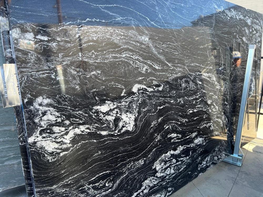 Granite Black River polished slab, 3/4 in thick, 125 x 72, countertop material.