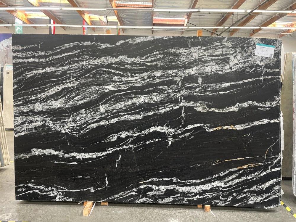 Granite Belvedere leathered slab countertop by Tilehouz, black with white veining, 118 x 78.