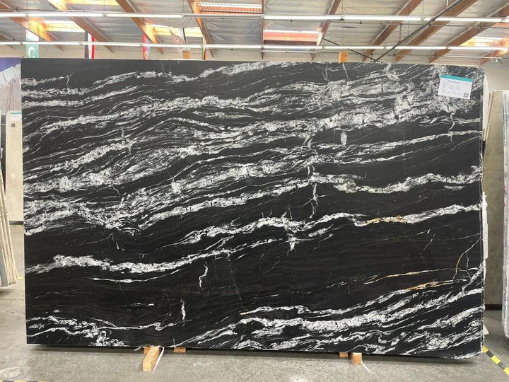 Granite Belvedere leathered slab countertop by Tilehouz, black with white veining, 118 x 78.
