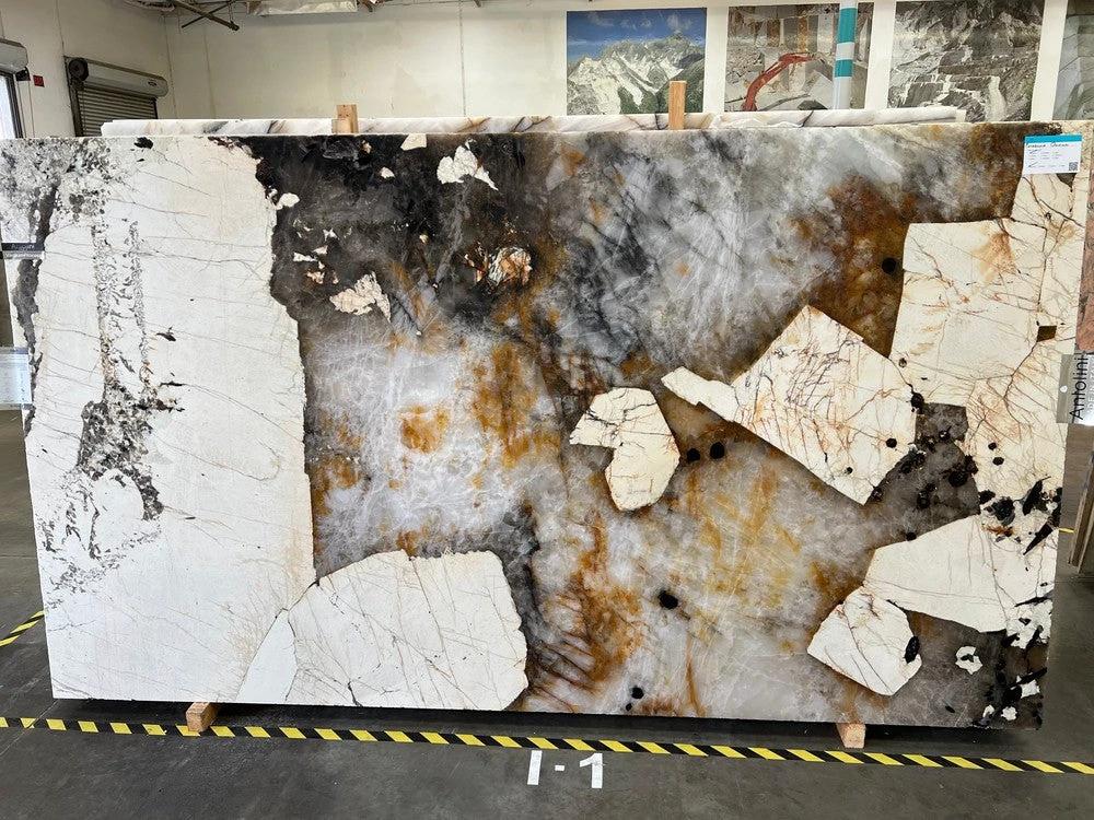 Quartzite Patagonia Original polished slab by TileHouz; white/cream with gray and brown veining, 127x79
