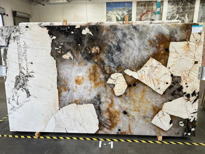 Quartzite Patagonia Original polished slab by TileHouz; white/cream with gray and brown veining, 127x79