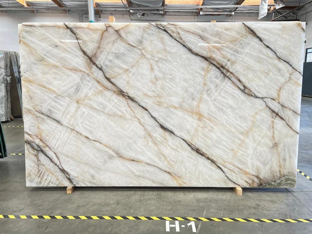 Tilehouz Cristallo Slab countertop, Bianco Exotic 126x75, polished on both sides, white with bold gray-brown veining