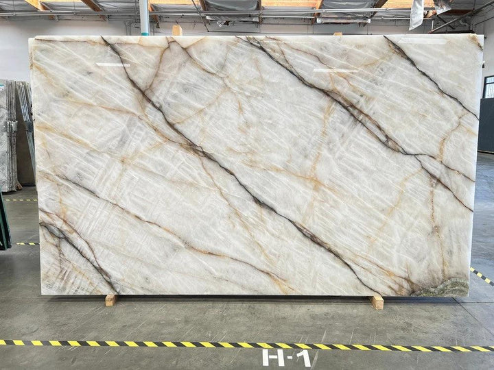 Tilehouz Cristallo Slab countertop, Bianco Exotic 126x75, polished on both sides, white with bold gray-brown veining