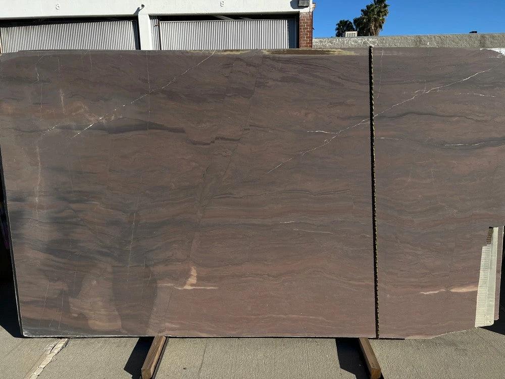 Quartzite Duetto leather finish countertop slabs, two brown leather-toned pieces, Tilehouz, 111 x 65