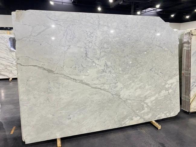 Marble Slab Tilehouz Calacatta Cremo polished countertop slab, 108 x 77, white with gray veining.