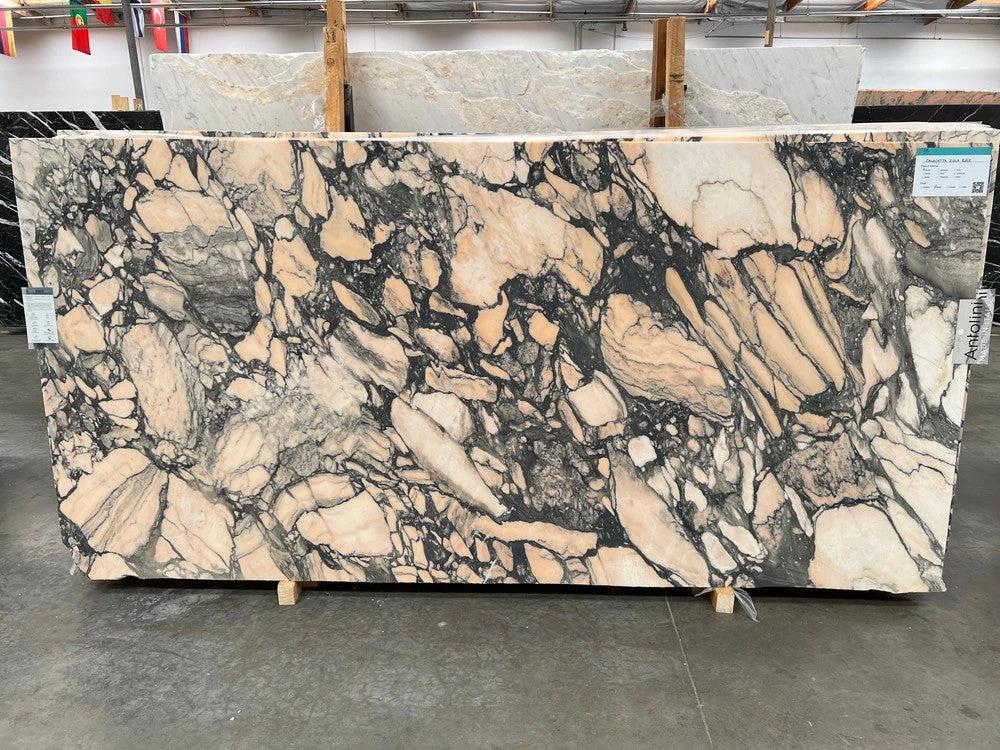 Marble slab Tilehouz Calacatta Viola Rose honed, beige with bold black veining, countertops, 116 x 56