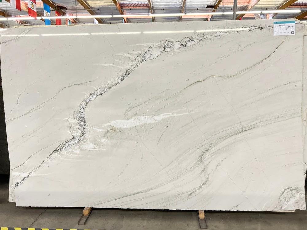 Quartzite Zermatt polished slab for countertops; white with bold gray veining, 126 x 79, by Tilehouz