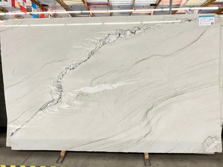Quartzite Zermatt polished slab for countertops; white with bold gray veining, 126 x 79, by Tilehouz