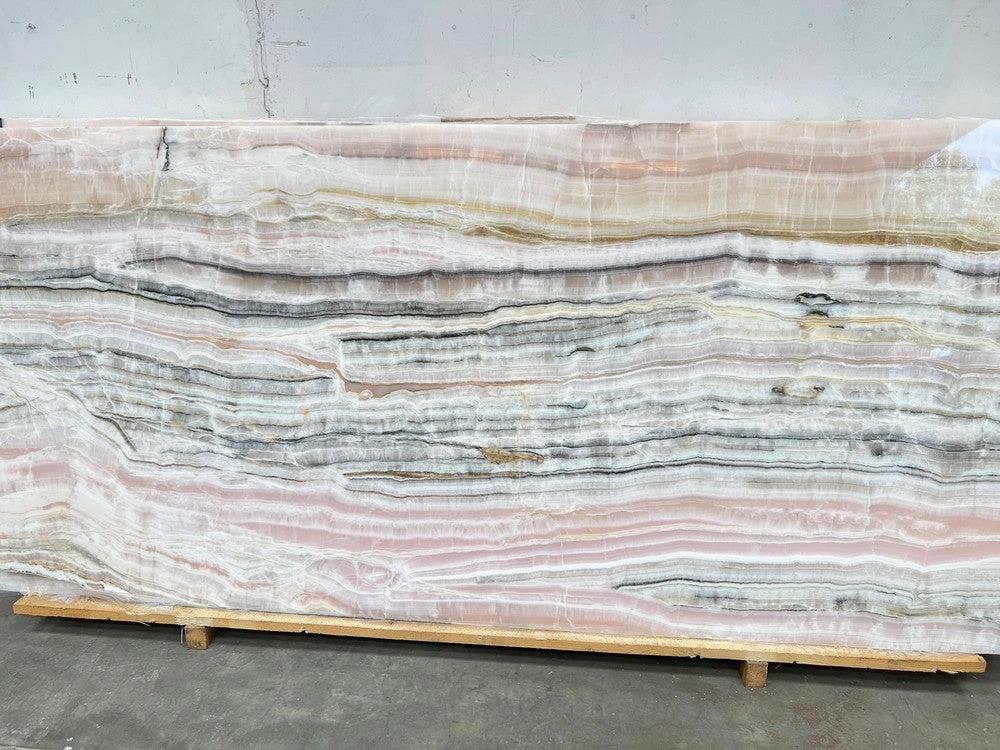 ONYX Slab Pink Rosa Fashion polished countertop slab with layered bands, 106 x 49