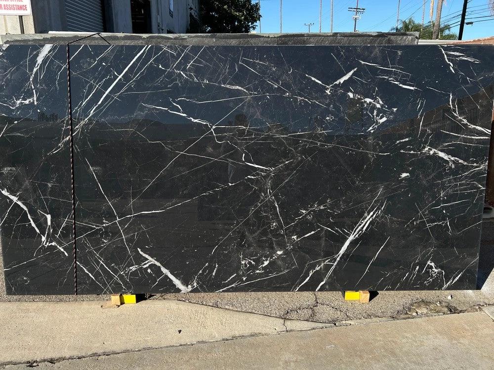 STATUARIO NERO TECH Side B porcelain slab, black with white veining, polished, 127x64 cm