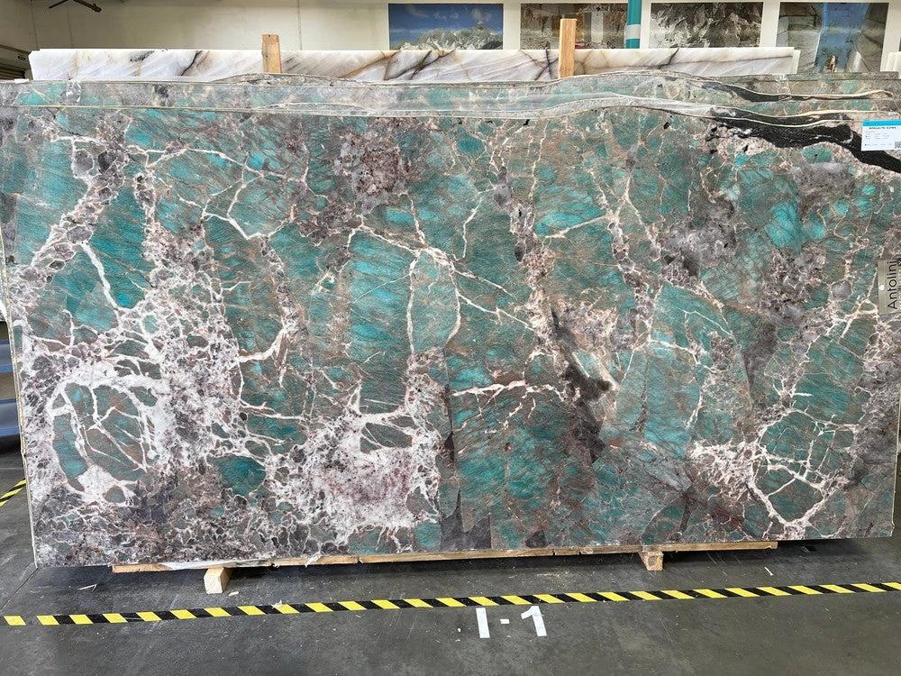 Granite Amazonite slab, extra polished, 125 x 61, teal and white veining for countertops by Tilehouz
