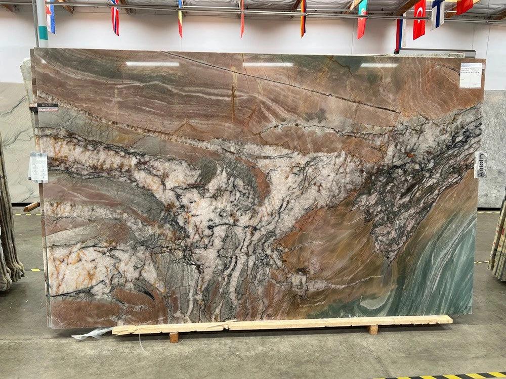 Quartzite slab by Tilehouz, Four Seasons polished countertop slab with brown, gray, and cream veining.