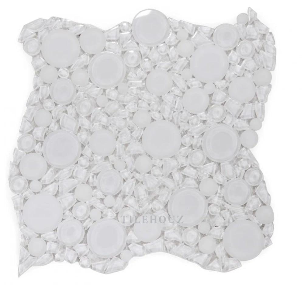 Tilehouz Lady Bianco 10.75 x 10.75 bubble/pebble glass mosaic tile, white glossy.