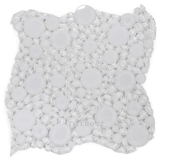 Tilehouz Lady Bianco 10.75 x 10.75 bubble/pebble glass mosaic tile, white glossy.