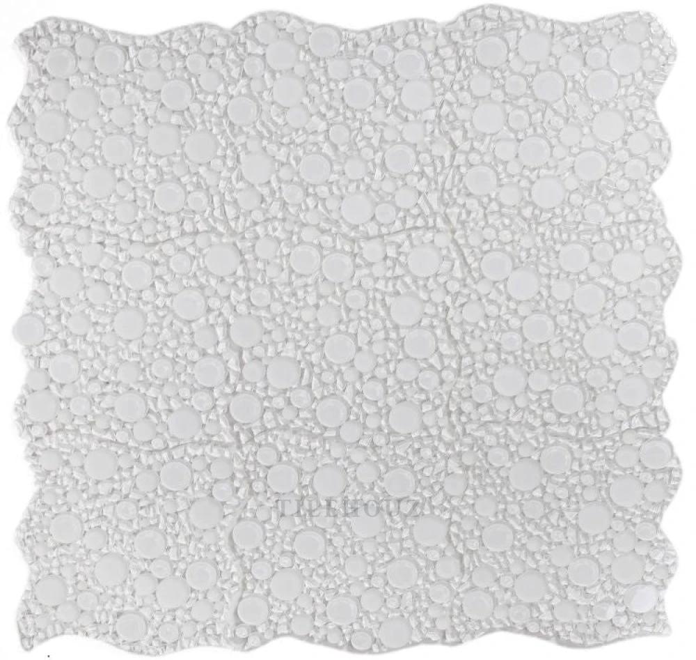 Glass mosaic tile Lady Bianco bubble/pebble, white glossy finish, Tilehouz brand, 10.75 x 10.75 inches