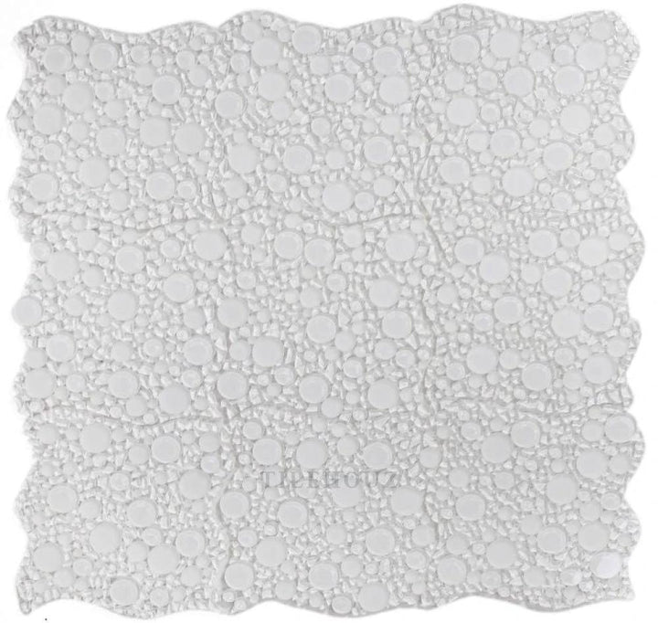 Glass mosaic tile Lady Bianco bubble/pebble, white glossy finish, Tilehouz brand, 10.75 x 10.75 inches