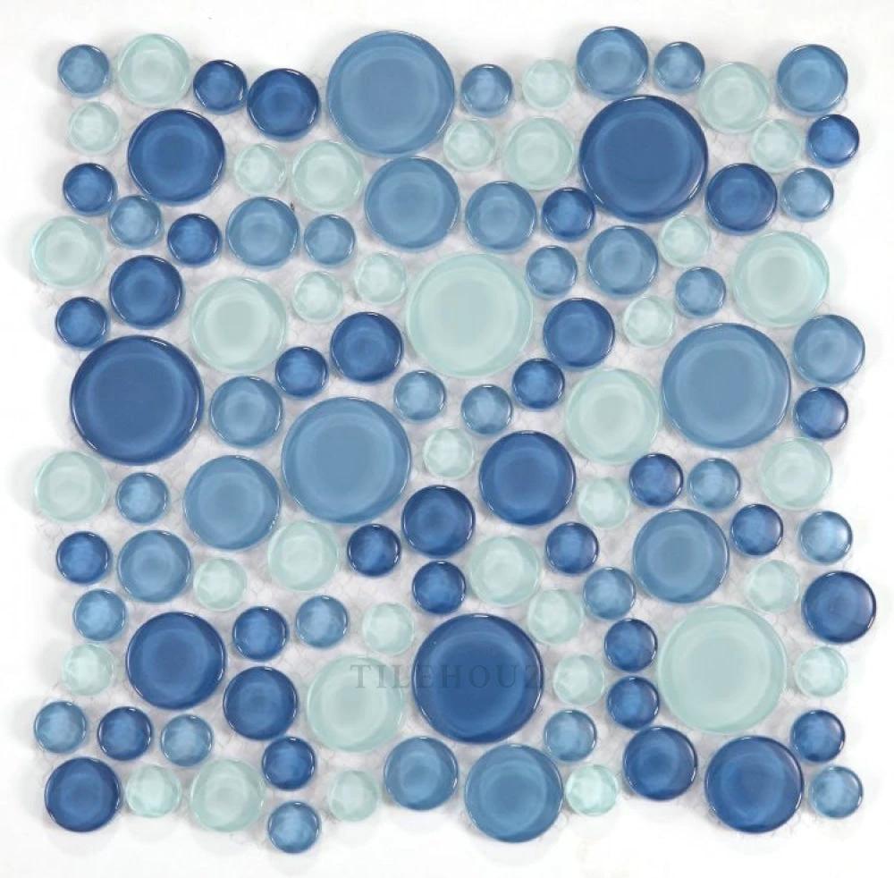 Lady Blue 10.75 x 10.75 bubble glass mosaic tile by Tilehouz; blue and light-blue circular bubbles.