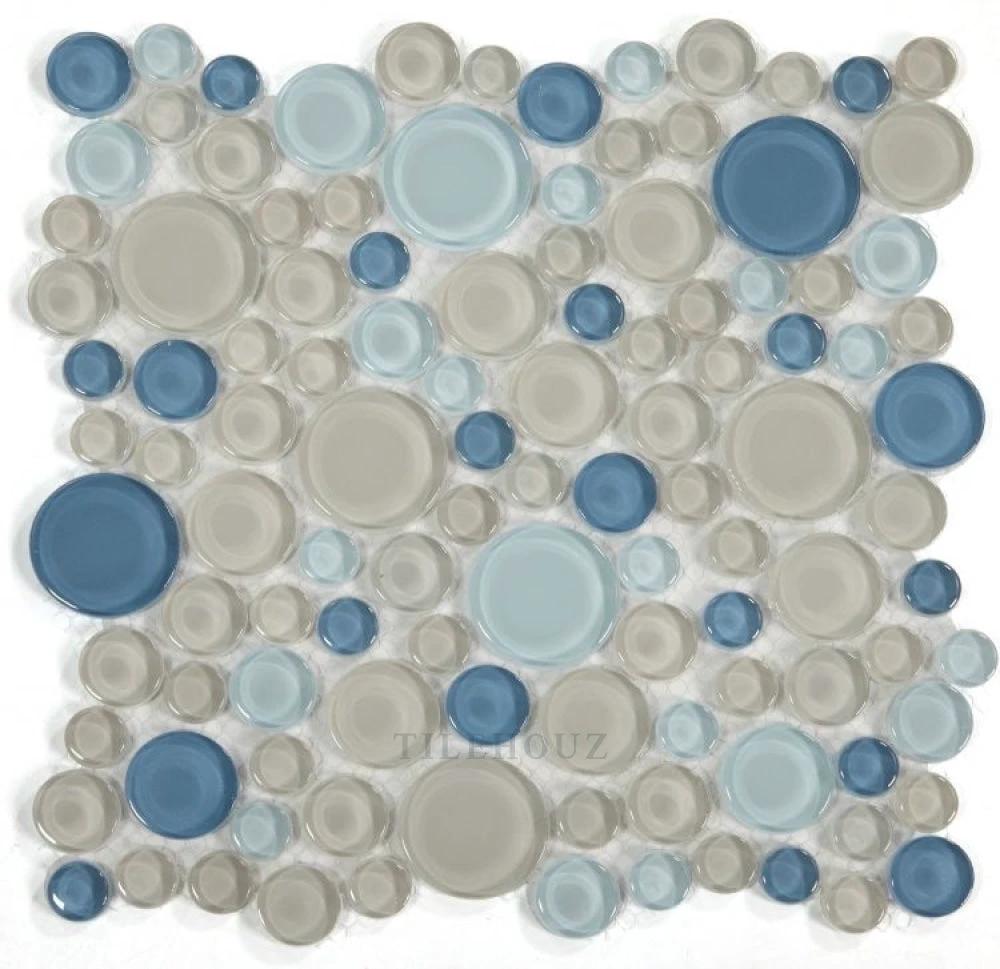 Lady Cielo glass bubble/pebble mosaic tile sheet, 10.75 x 10.75, blue and cream tones, Tilehouz