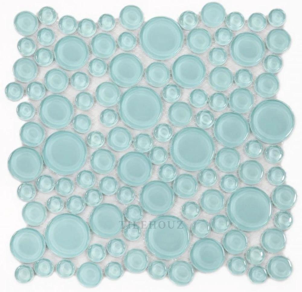 Lady Mint bubble glass mosaic tile, 10.75 x 10.75, mint circular pebble pattern for walls by Tilehouz.