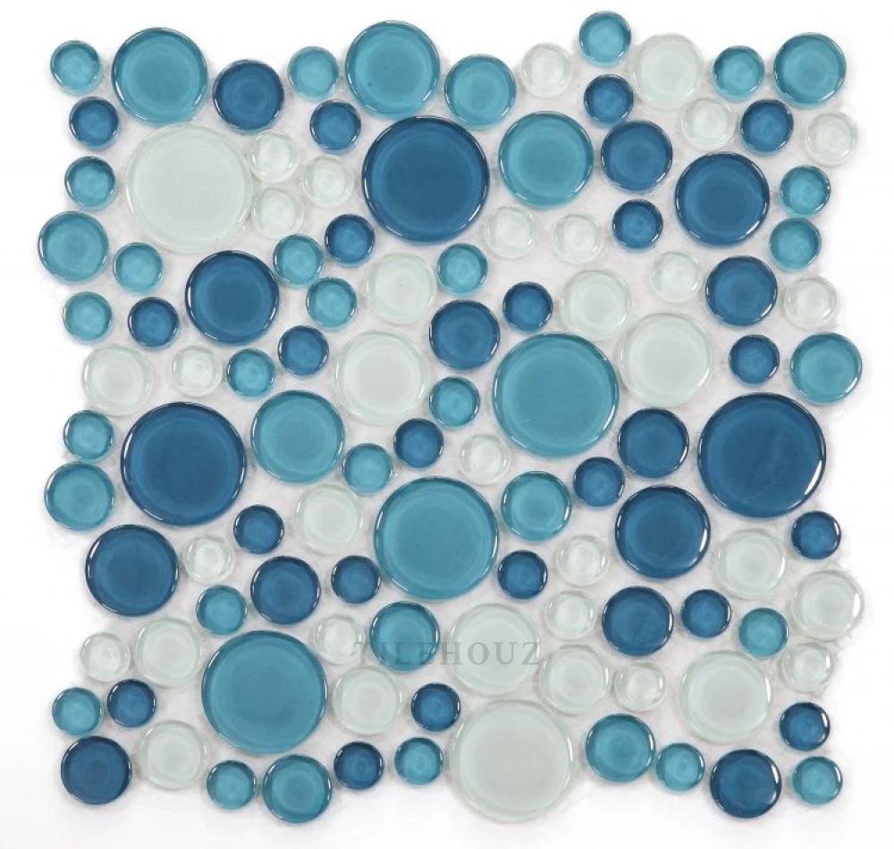 Lady Ocean circular bubble glass mosaic tile 10.75in square in blues and whites by Tilehouz