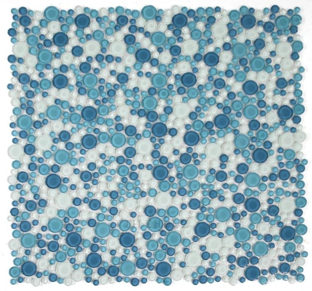 Lady Ocean bubble glass mosaic tile sheet, blue pebble circles, 10.75 x 10.75 in, Tilehouz